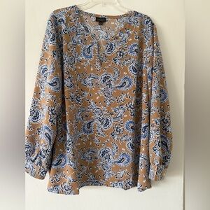J. Jill Tan and Blue Paisley wearever collection eat care Blouse size 2x v neck